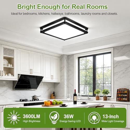 13 Inch 36W Square LED Flush Mount Ceiling Lights (Black / 2 Packs)