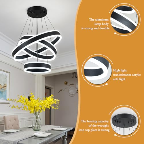 Modern LED Chandeliers Adjustable Hanging Black Pendant Light Fixture 3 Ring Flush Mount Chandeliers for Bedroom