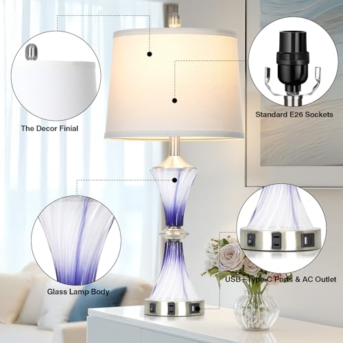 Purple Glass Table Lamp Set of 2 with USB C+A Ports & AC Outlet (2 Count)