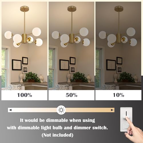 6 Light Globe Sputnik Chandelier Milk Glass Modern Gold Chandelier Light Fixture Mid Century Sputnik Chandeliers Pendant Light Frosted Globe Adjustable Hanging Ceiling Light for Entryway (6 Count)