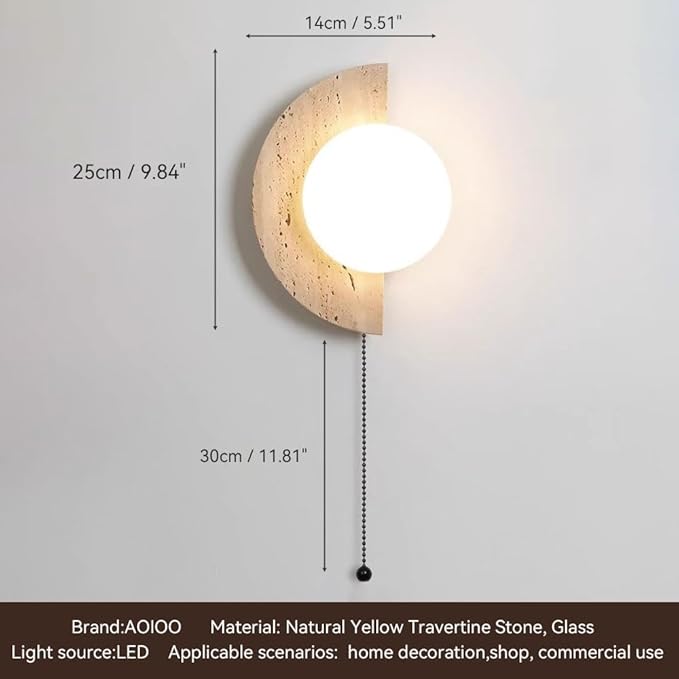 Natural Travertine Stone Wall Sconce, Half Moon LED Wall Light Fixture,Glass Globe and Pull Chain Switch Wall Lamp,Modern Minimalist Lunar Lamp for Bedroom Bedside,Living Room Accent Decor(Left)