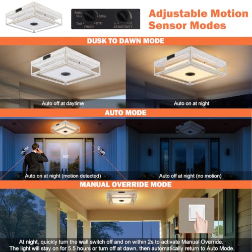 White LED Motion Sensor Outdoor Ceiling Light Square Flush Mount Lights