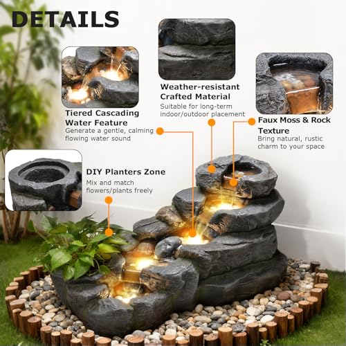 38.2" L Garden Water Fountain Outdoor Waterfall with LED Light