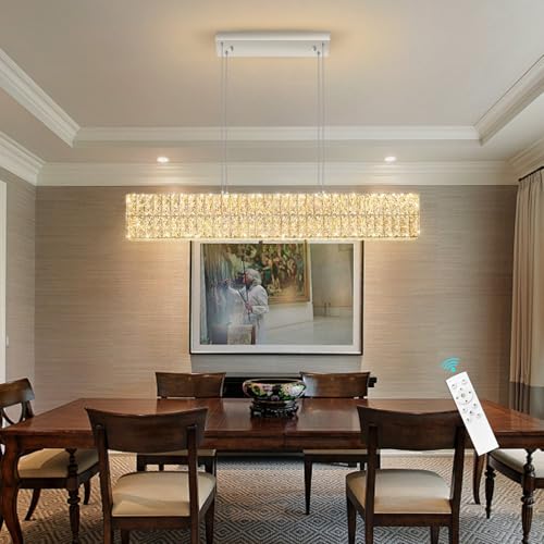 40 Inch Glam Crystal Chandelier Modern Dimmable Crystal Chandeliers LED Rectangular Ceiling Light Fixtures for Dining Room Living Room Silver