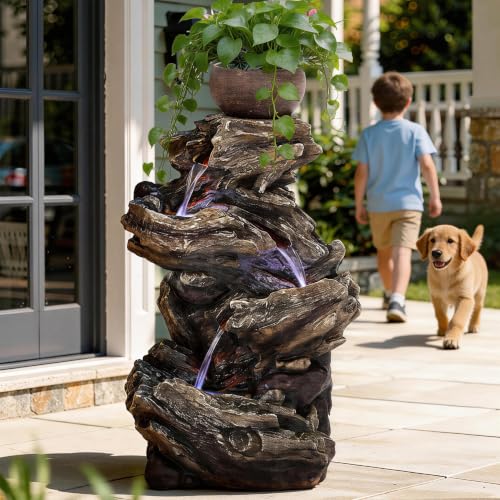 33" Rustic Tree Trunk Outdoor Water Fountain with Planters
