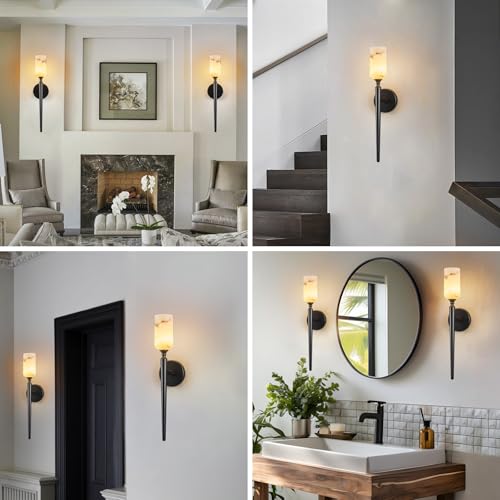 Natural Alabaster Wall Sconce Modern Black Wall Light Bathroom Sconce Wall Decor Antique Marble Sconces Wall Lighting for Bedroom Living Room Entryway Hallway Staircase
