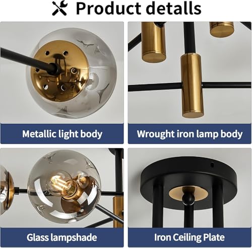 6 Light Glass Globe Sputnik Light Fixture Modern Matte Black and Gold Chandelier Semi Flush Mount Ceiling lamp for Living Room Kitchen Dining Room Farmhouse Bedroom