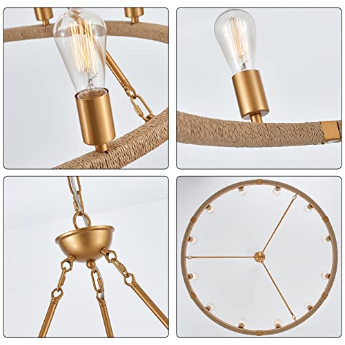 12-Lights Wagon Wheel Chandelier Bohemia Hand Woven Rattan Chandelier Farmhouse Large Pendant Light for High Ceilings Living Room Dining Room, Brass, Dia 42 Inch, UL Listed