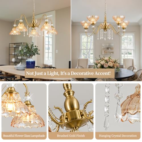 5 Light Vintage Chandelier in Brushed Gold Finish with Amber Flower (5-Light / Gold and Amber)
