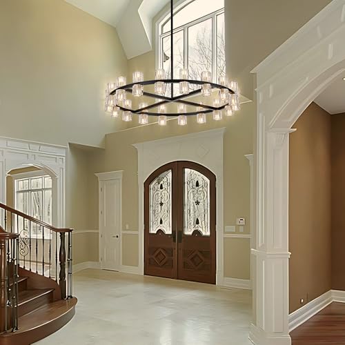 36 Inch Black Wagon Wheel Chandelier with Crystal Shades
