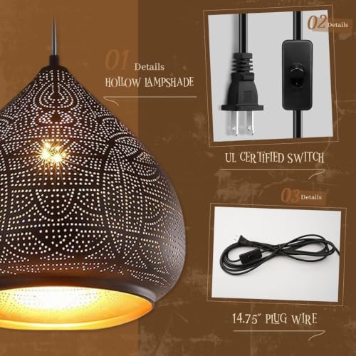 Plug in Pendant Light for Ceiling Black Hanging Light Moroccan Lamp