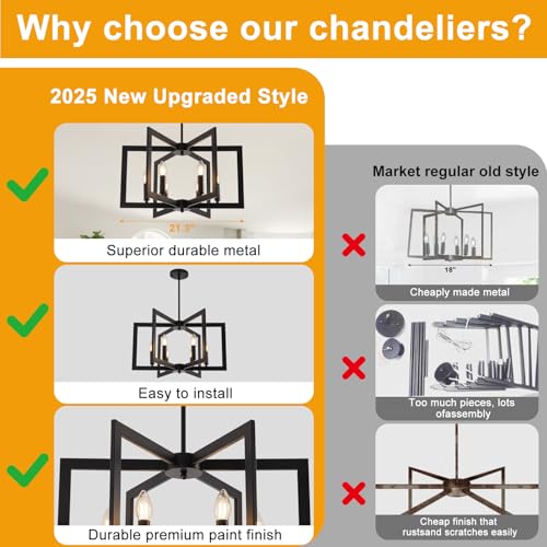 22" Black Chandelier for Dining Room, 6-Light Geometric Farmhouse Dining Room Fixture, Modern Foyer Lighting Fixtures, Industrial Hanging Pendant Lights for Kitchen Island, Living Room, Entryway