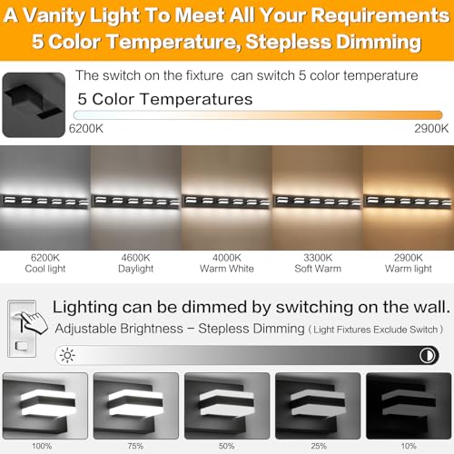 5 Color Temperature Adjustable Modern Vanity Light6 Lights Black Bathroom Light FixturesIndoor LED Bar Lighting 5 Color Temperature Adjustable 5CCT ETL Listed