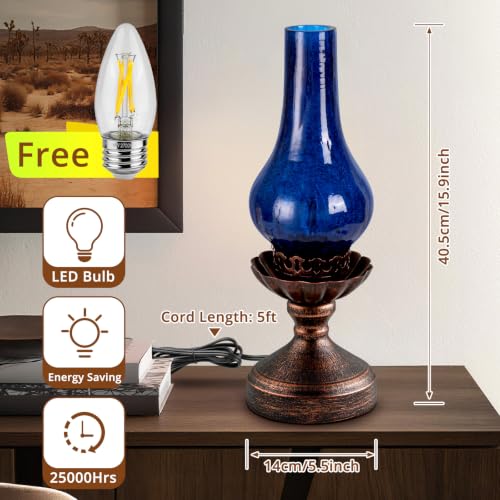 Vintage Table Lamp with Blue Crackle Glass Shade