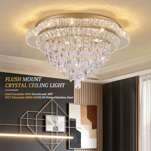 24" Gold Crystal Flush Mount Chandelier Modern LED Ceiling Light Fixture