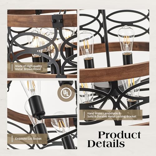 10 Light Farmhouse Drum Wood Pendant Light