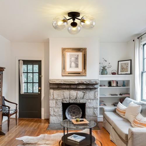 Black Globe Semi Flush Mount Ceiling Light Hammered Glass Ceiling Lights