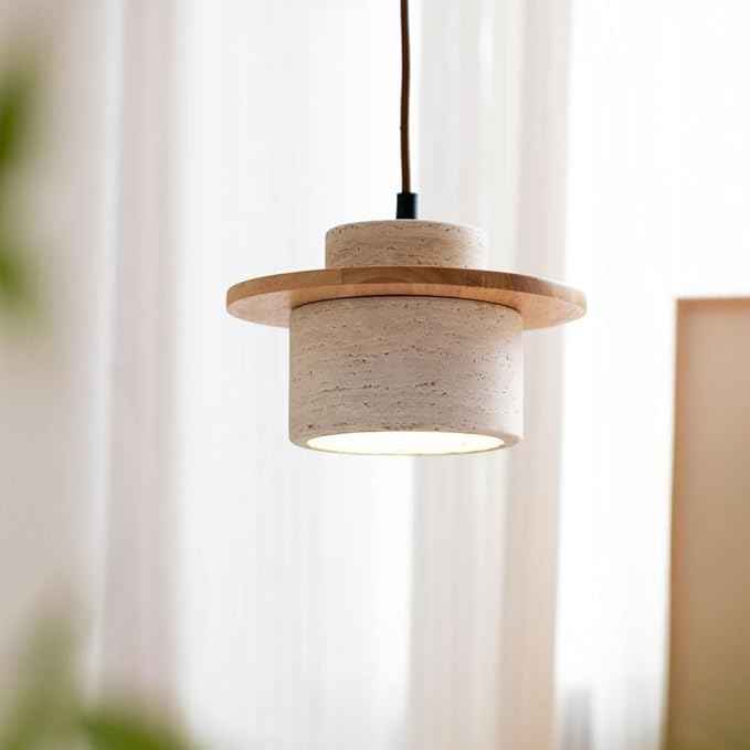 Travertine Pendant Light, Stone Cylinder Hanging Lamp with Wood Disc Accent, E26 Base, Wabi-Sabi Modern Minimalist Japandi Style Lighting for Bedside, Kitchen Island, Bar Counter(Wood Color)