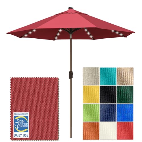 USA 10-Year-Non-Fading 10ft Market Patio Umbrella, Commercial Grade Table Sun Umbrella with 80 Solar LED Lights, Crank Open, Windproof & UPF 50+ UV Protection for Garden, Deck, Pool, Backyard, Burgundy