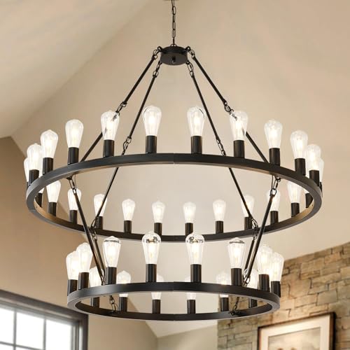 2 Tier 48" Wagon Wheel Light Fixture Black Farmhouse Chandeliers