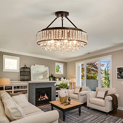 6 Light Modern Crystal Oil Rubbed Bronze Metal Semi Flush Mount Ceiling Light Fixture E26 Indoor Round Ceiling Lamp for Dining