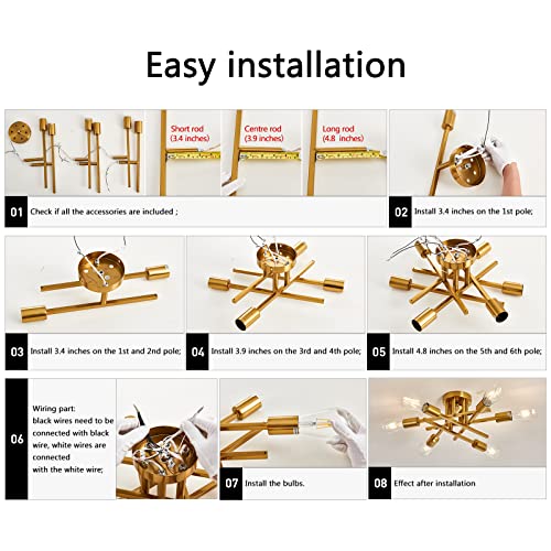 6 Lights Semi Flush Mount Ceiling Light Fixture Gold Modern Matte Sputnik Chandelier Vintage Ceiling Lamp Farmhouse for Kitchen Bedroom Dining Room Living Room with E26 Bulb Base