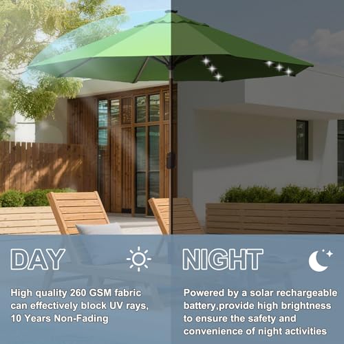 USA 10-Year-Non-Fading 10ft Market Patio Umbrella, Commercial Grade Table Sun Umbrella with 80 Solar LED Lights, Crank Open, Windproof & UPF 50+ UV Protection for Garden, Deck, Pool, Backyard, Macaw Green