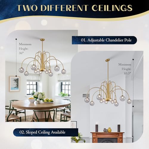 Gold Sputnik Chandelier with Smoke Glass Globe 12 Lights L52 Inch