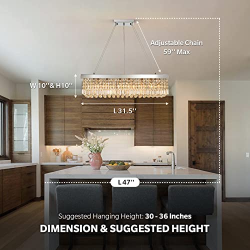 Rectangle K9 Crystal Chandelier Modern Rectangular Pendant Light Fixture for Dining Room Kitchen Island Chrome L31.5 x W10 x H10