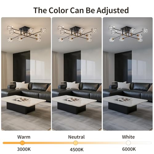 8 Light Crystal Ceiling Light Fixture Semi Flush Mount Ceiling Light Fixture Modern Black and Gold Sputnik Chandeliers for Dining Room Living Room Kitchen Island Hallway Bedroom