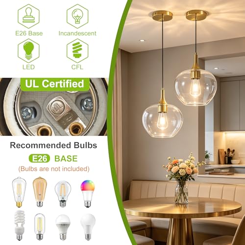 9.45in Gold Pendant Lights Kitchen Island with Clear Glass Shade 2Pack