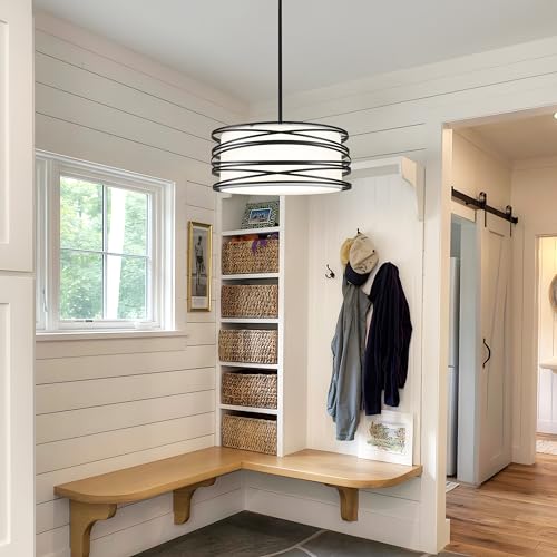 19.7'' 5-Light Black Drum Chandelier - Black and White Industrial Light Fixtures Modern Farmhouse Pendant Light for Kitchen Island Dining Room Hallway Kitchen Island Bedroom
