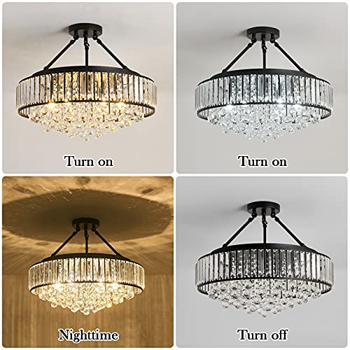 6 Light Modern Large Crystal Chandelier Black Metal E26 Semi Flush Mount Round Light Fixture Ceiling Lamp Farmhouse for Dining Living Room Laundry Foyer Kitchen Balcony Bedroom