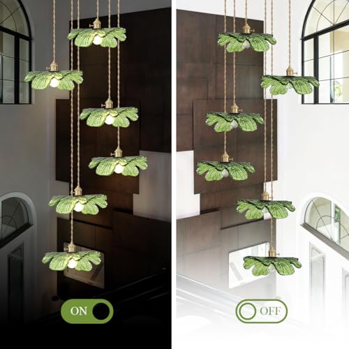 Long High Ceiling Chandelier with Green Blown Flower Glass Shade Vintage Flush Mount Ceiling Hanging light Gold brass pendant light 5 light Ceiling Chandeliers for Staircase Foyer Entryway Living