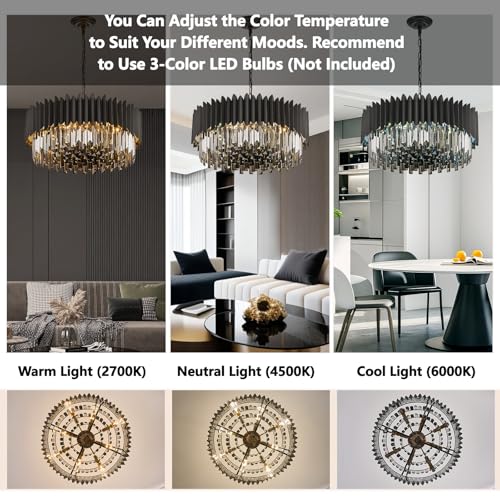 8 Light Large Crystal Chandeliers 24" Dining Room Light Fixture 5 Tiers Flush Mount Smoke Gray and Black Crystal Chandelier Round Pendant Light for Kitchen Living Room Entryway Foyer