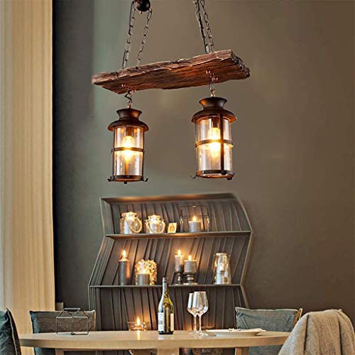 Wood Retro Pendant Lighting Industrial Vintage Chandelier Black Metal Bedroom Restaurant Suspension Lamp Cage Frame with Glass Shade House Loft Bar Coffee Decoration Ceiling Lights Fitting (2 Count)