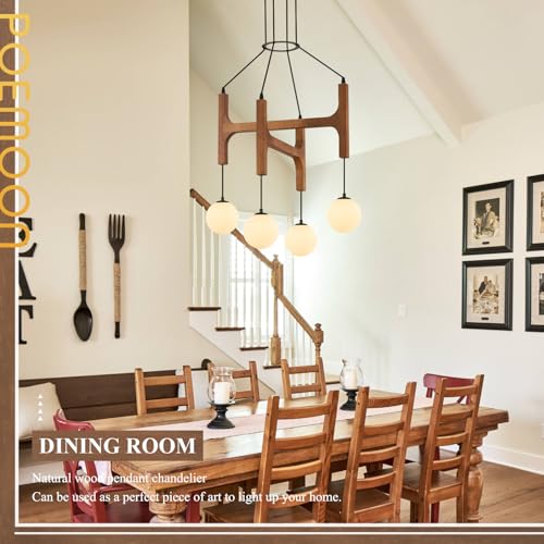 Farmhouse 4 Light Wooden Chandelier with Milk Glass Globe L24 Inch (4 Count)