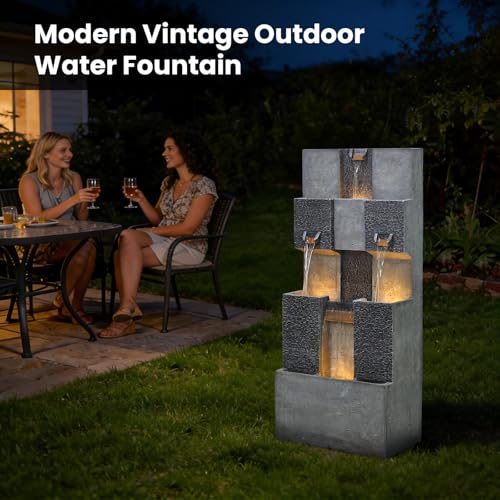 48" Modern Grid Outdoor Water Fountain with Led Light