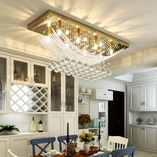 Modern Chandelier Crystal Chandelier Flush Mount Chandelier Gold Rectangle Crystal Raindrop Chandelier 8 Lights Ceiling Light Fixture Pendant Lamp for Kitchen Island Dining Room Closet Wedding Decor