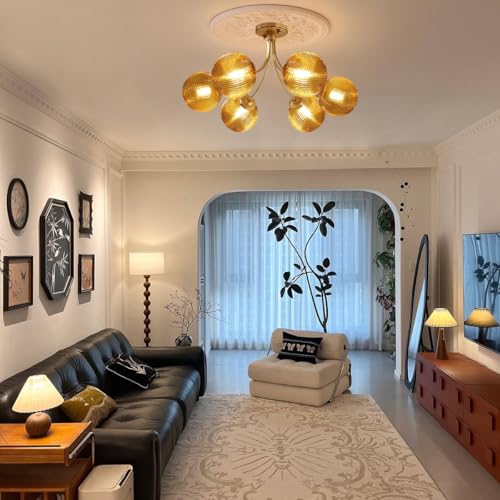 6 Light Amber Glass Close to Ceiling Chandelier Flush Mount Light