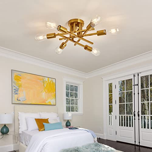 6 Lights Semi Flush Mount Ceiling Light Fixture Gold Modern Matte Sputnik Chandelier Vintage Ceiling Lamp Farmhouse for Kitchen Bedroom Dining Room Living Room with E26 Bulb Base