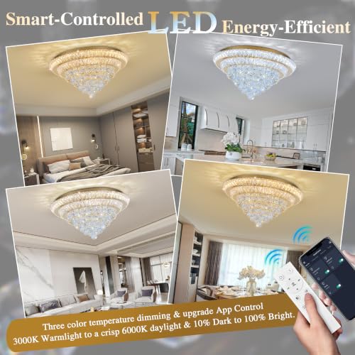 24" Gold Crystal Flush Mount Chandelier Modern LED Ceiling Light Fixture
