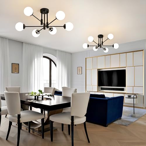 Black Sputnik Ceiling Light Fixture 6 Light with Milk White Glass Shade