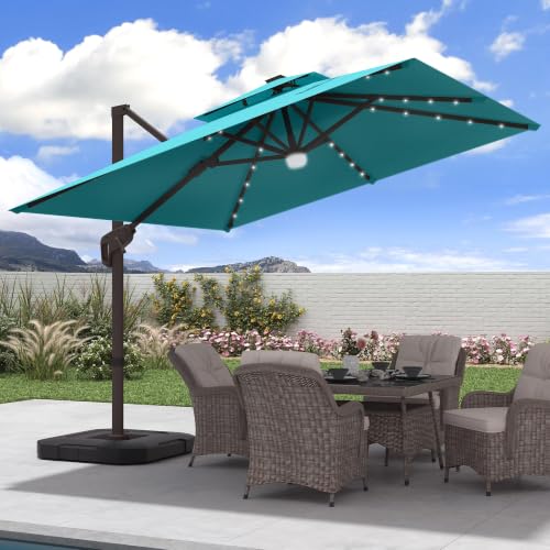 9x9 FT Cantilever Offset Patio Umbrella with Lights & Base