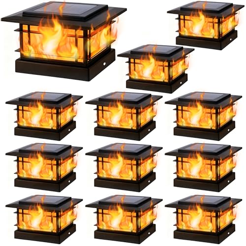 4x4 Solar Post Cap Lights Outdoor with Flickering Flame Light (12 Count)