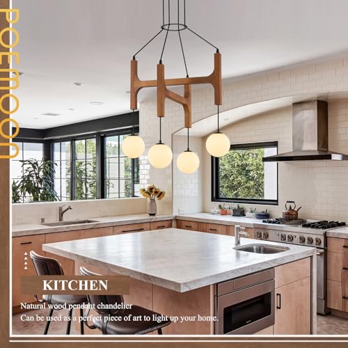 Farmhouse 4 Light Wooden Chandelier with Milk Glass Globe L24 Inch (4 Count)