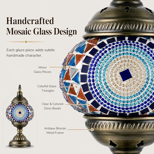 Turkish Moroccan Table Lamp Lantern with Handmade Mosaic Glass Lampshade Tiffany Style Bohemian Stained Glass Decorative Desk Lamps Bedside Night Lights for Bedroom