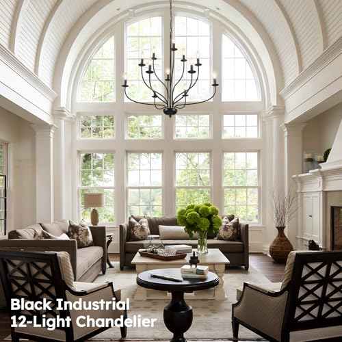 Black Chandelier for Dining Room, 12-Light Large Foyer Chandelier for High Ceilings, 36" Industrial Candle Light Fixtures, Modern Farmhouse Chandeliers for Living Room Staircase Entryway Kitchen