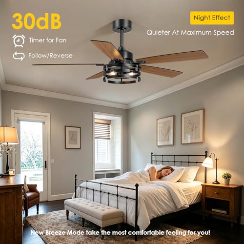 52 Inch Ceiling Fan with Light and Remote Control (Black)
