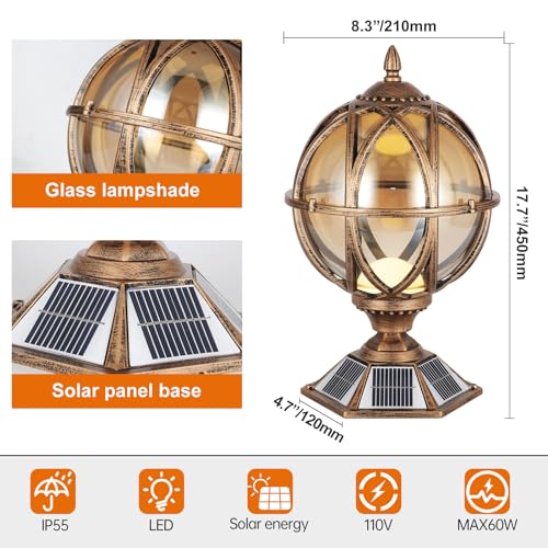 17.7 Inch Solar Powered Outdoor Pillar Lights with Amber Glass Post Lights